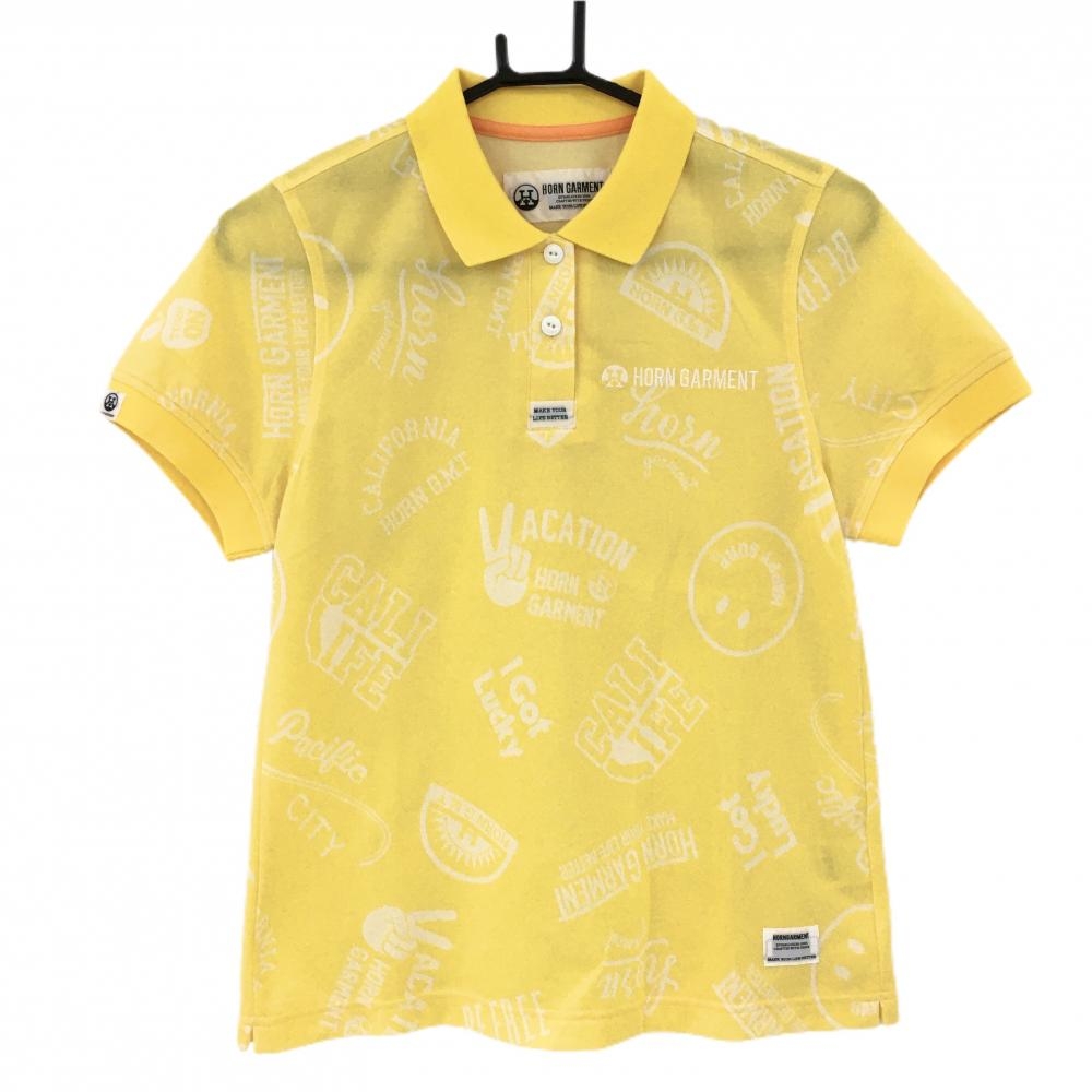 【新品】ホーンガーメント 半袖ポロシャツ イエロー×白 ロゴ総柄 レディース 36(S) ゴルフウェア 2022年モデル MARK＆LONA
