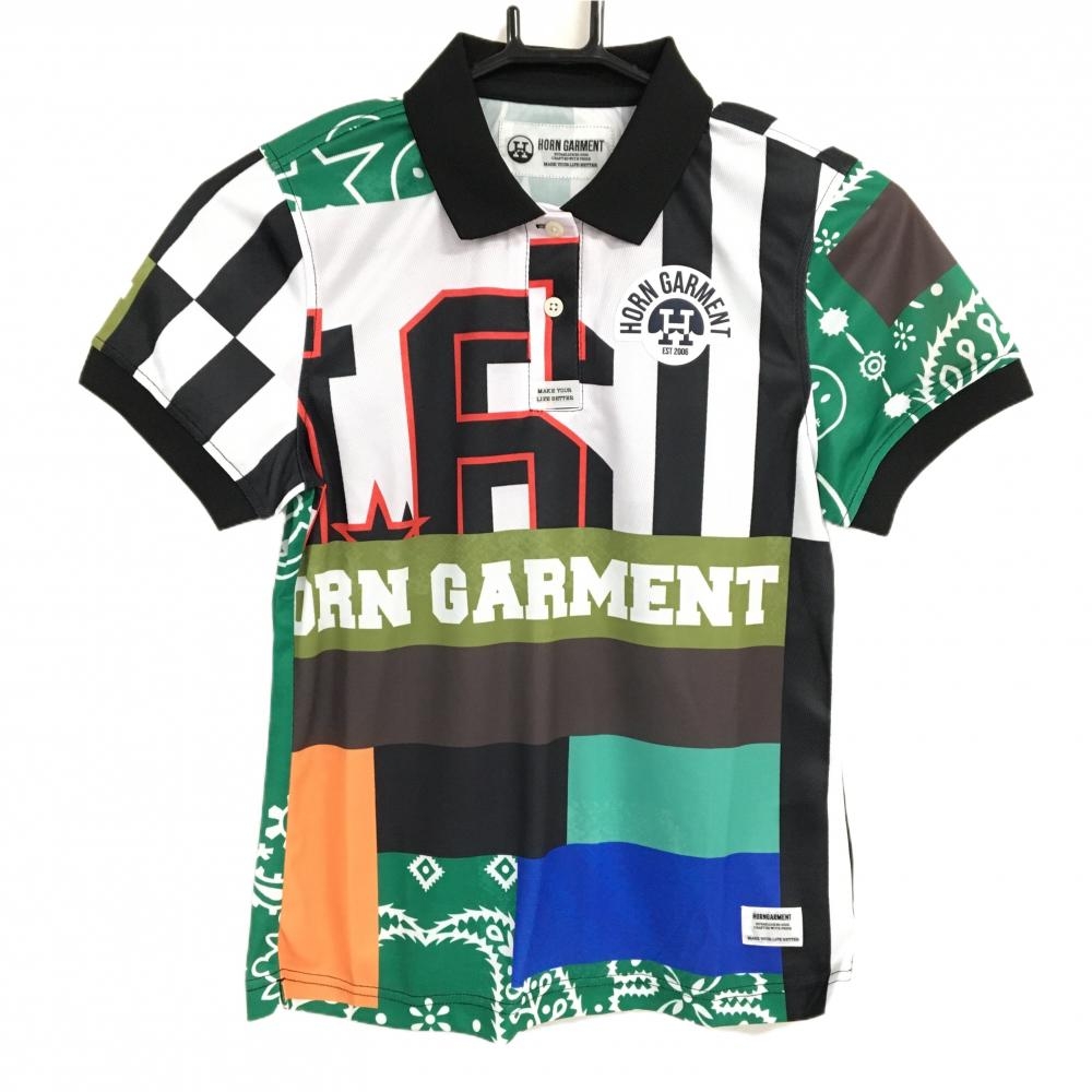 【新品】ホーンガーメント 半袖ポロシャツ 黒×グリーン×マルチ 総柄 レディース 36(S) ゴルフウェア 2023年モデル MARK＆LONA