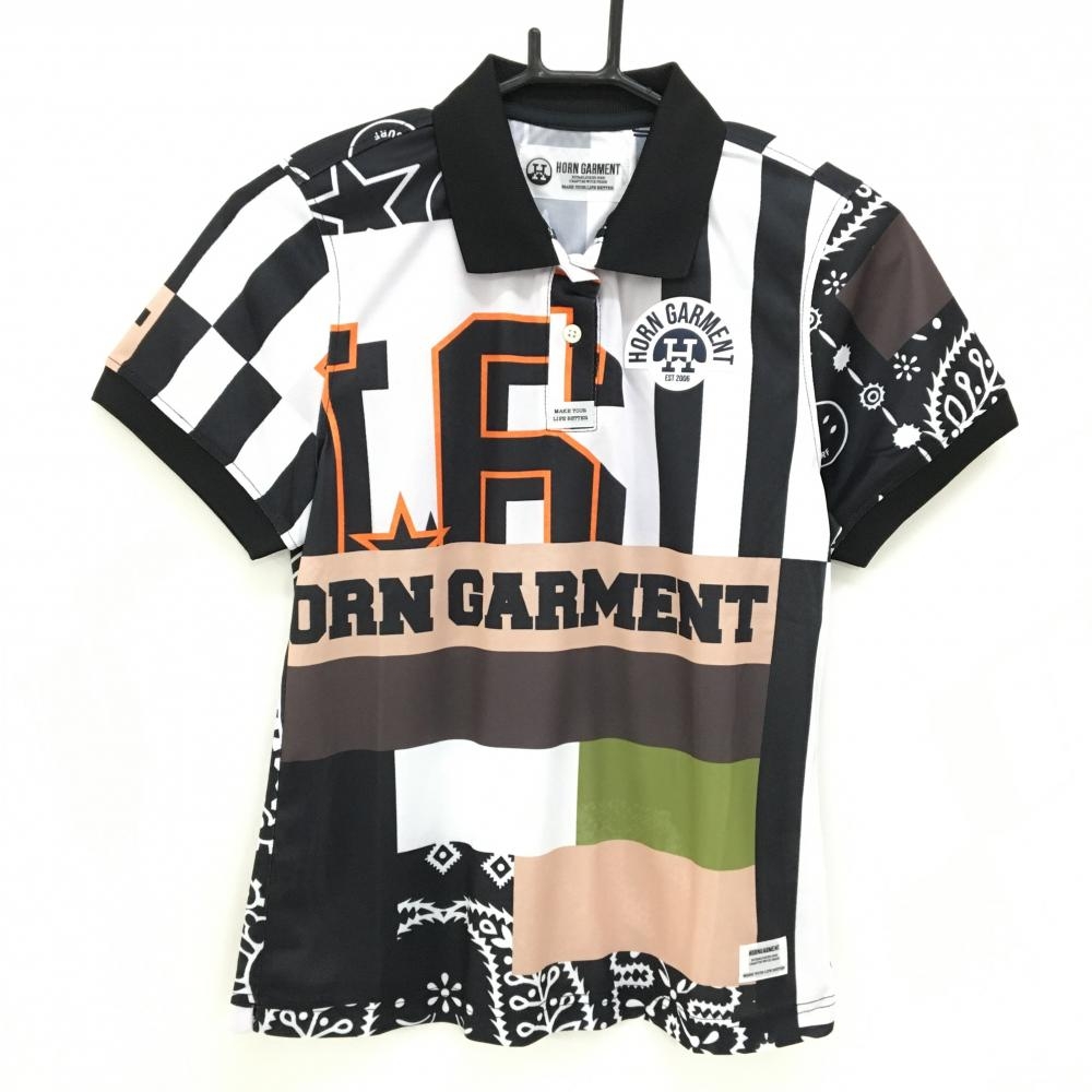 【新品】ホーンガーメント 半袖ポロシャツ 黒×白×ピンク 総柄  レディース 36(S) ゴルフウェア 2023年モデル MARK＆LONA