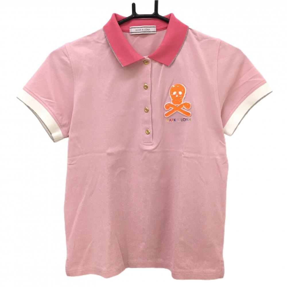 【美品】マークアンドロナ 半袖ポロシャツ ピンク×オレンジ スカル  レディース M ゴルフウェア MARK＆LONA