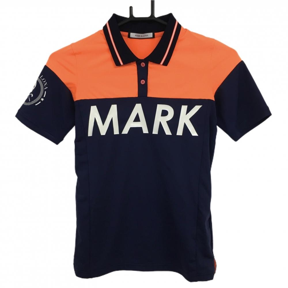 【美品】マークアンドロナ 半袖ポロシャツ オレンジ×ネイビー ビッグロゴ 袖スカル  レディース 36(S) ゴルフウェア MARK＆LONA