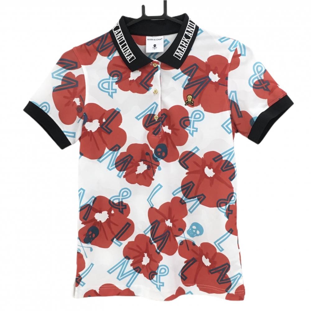 【美品】マークアンドロナ 半袖ポロシャツ 白×レッド 総柄 スカル レディース 38(M) ゴルフウェア MARK＆LONA