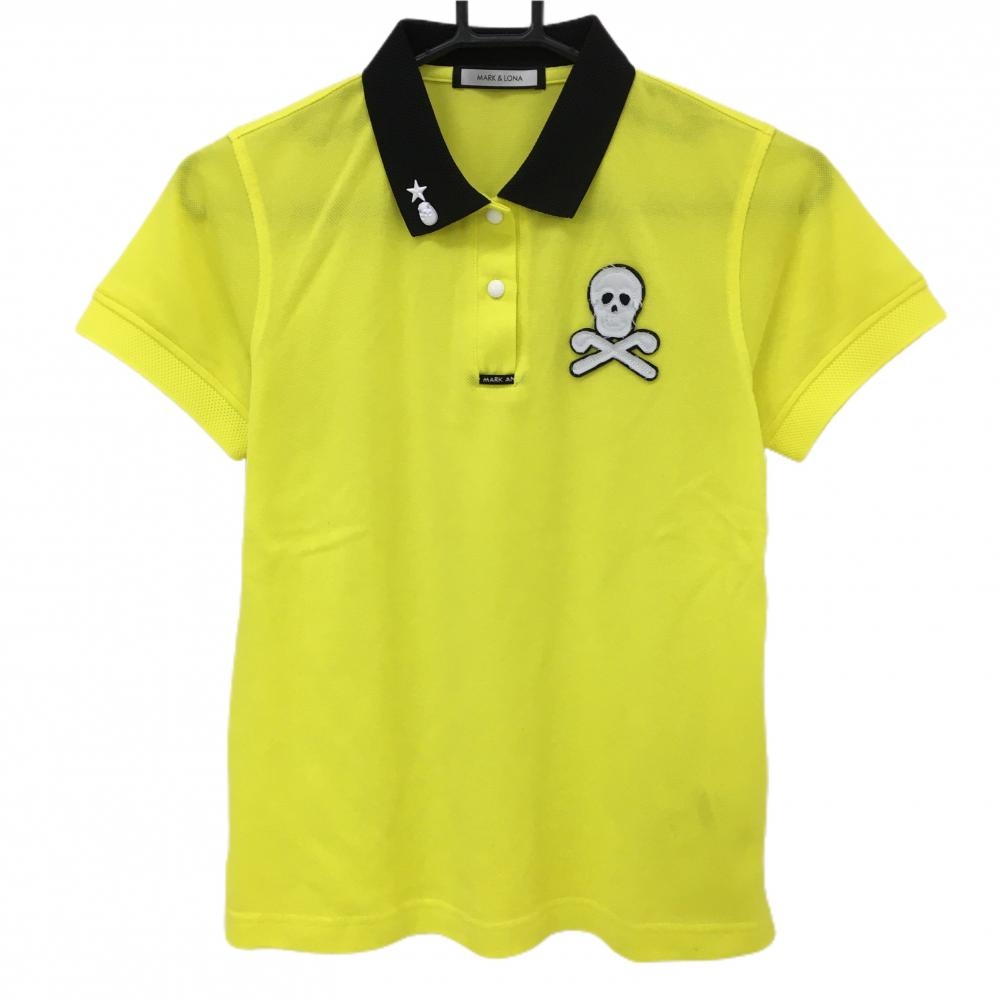【超美品】マークアンドロナ 半袖ポロシャツ イエロー×黒 スカル 襟ラメ レディース 38(M) ゴルフウェア MARK＆LONA