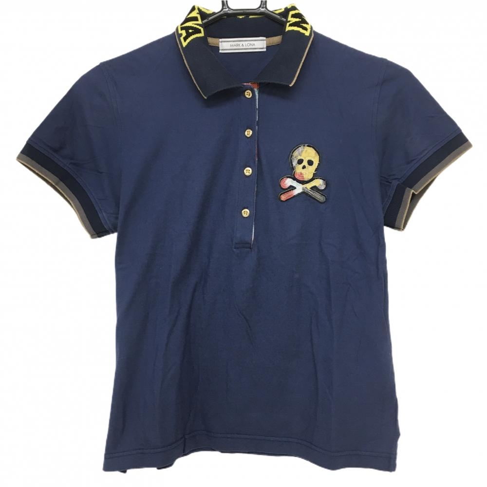マークアンドロナ×Disney 半袖ポロシャツ ネイビー×イエロー スカル ミッキー  レディース M ゴルフウェア MARK＆LONA