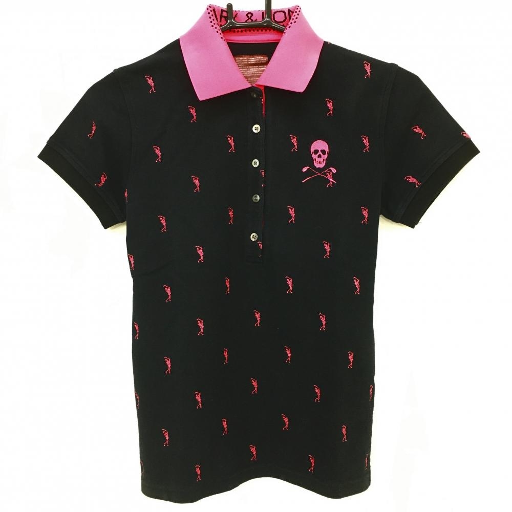 マークアンドロナ 半袖ポロシャツ 黒×蛍光ピンク 刺しゅう総柄 スカル レディース S ゴルフウェア MARK＆LONA