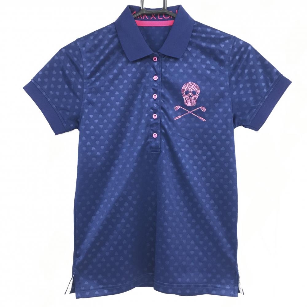 【超美品】マークアンドロナ 半袖ポロシャツ ネイビー×ピンク ハート地模様 ラインストーンスカル  レディース S ゴルフウェア MARK＆LONA