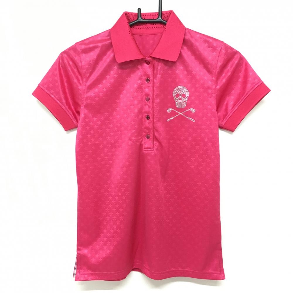 【超美品】マークアンドロナ 半袖ポロシャツ ピンク 星柄地模様 ラインストーンスカル  レディース S ゴルフウェア MARK＆LONA