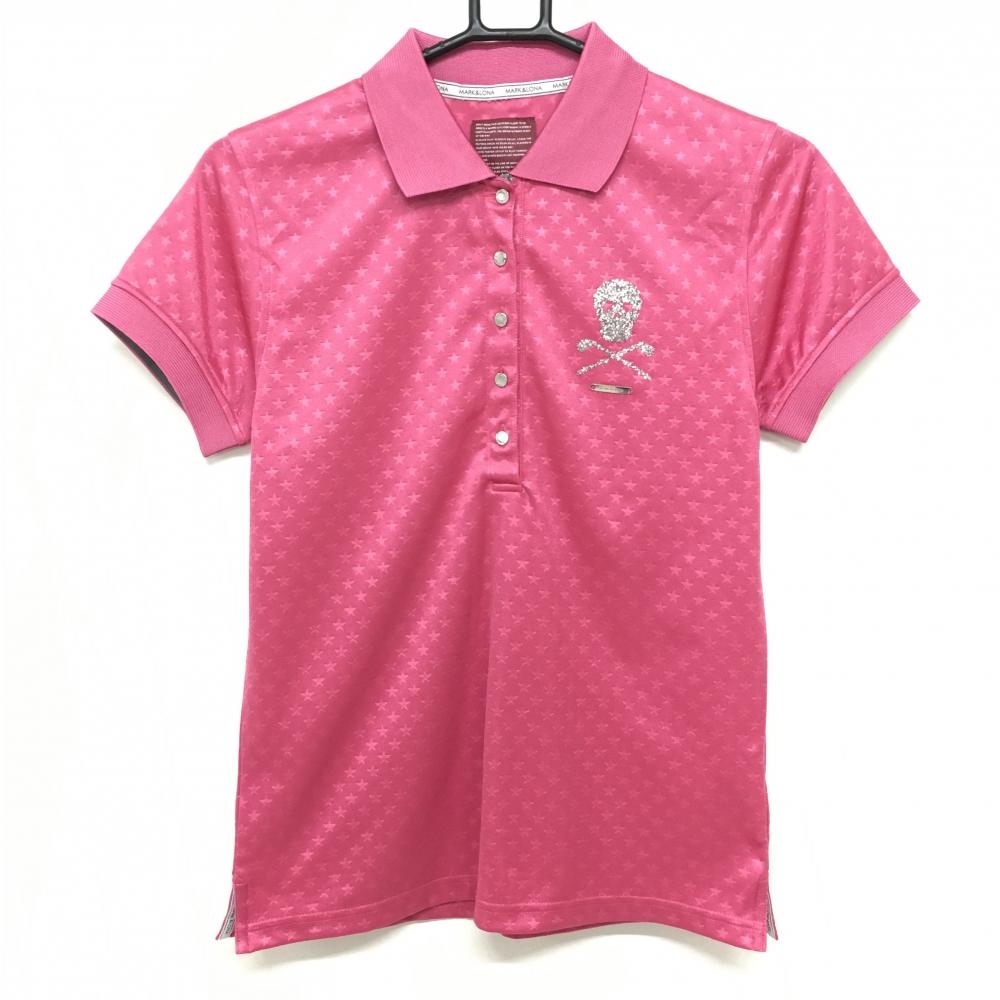 【超美品】マークアンドロナ 半袖ポロシャツ ピンク 星柄地模様 スカル レディース M ゴルフウェア MARK＆LONA