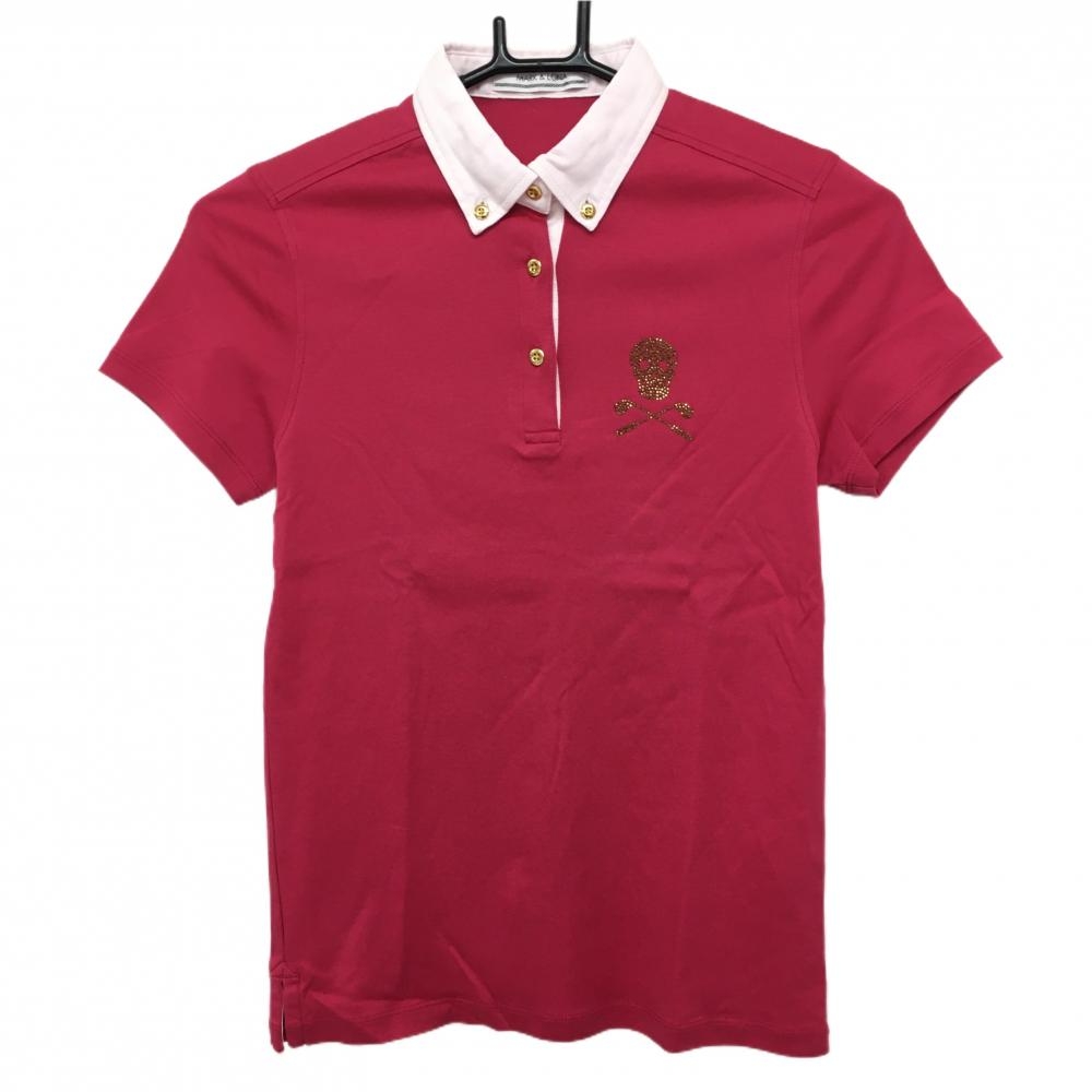 【美品】マークアンドロナ 半袖ポロシャツ ピンク×白 背面ビッグスカル ラインストーン レディース S ゴルフウェア MARK＆LONA