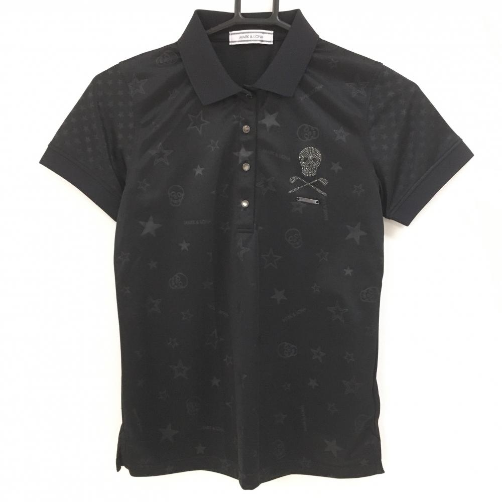 【超美品】マークアンドロナ 半袖ポロシャツ 黒 前身頃星スカル地模様 ラインストーンスカル  レディース S ゴルフウェア MARK＆LONA
