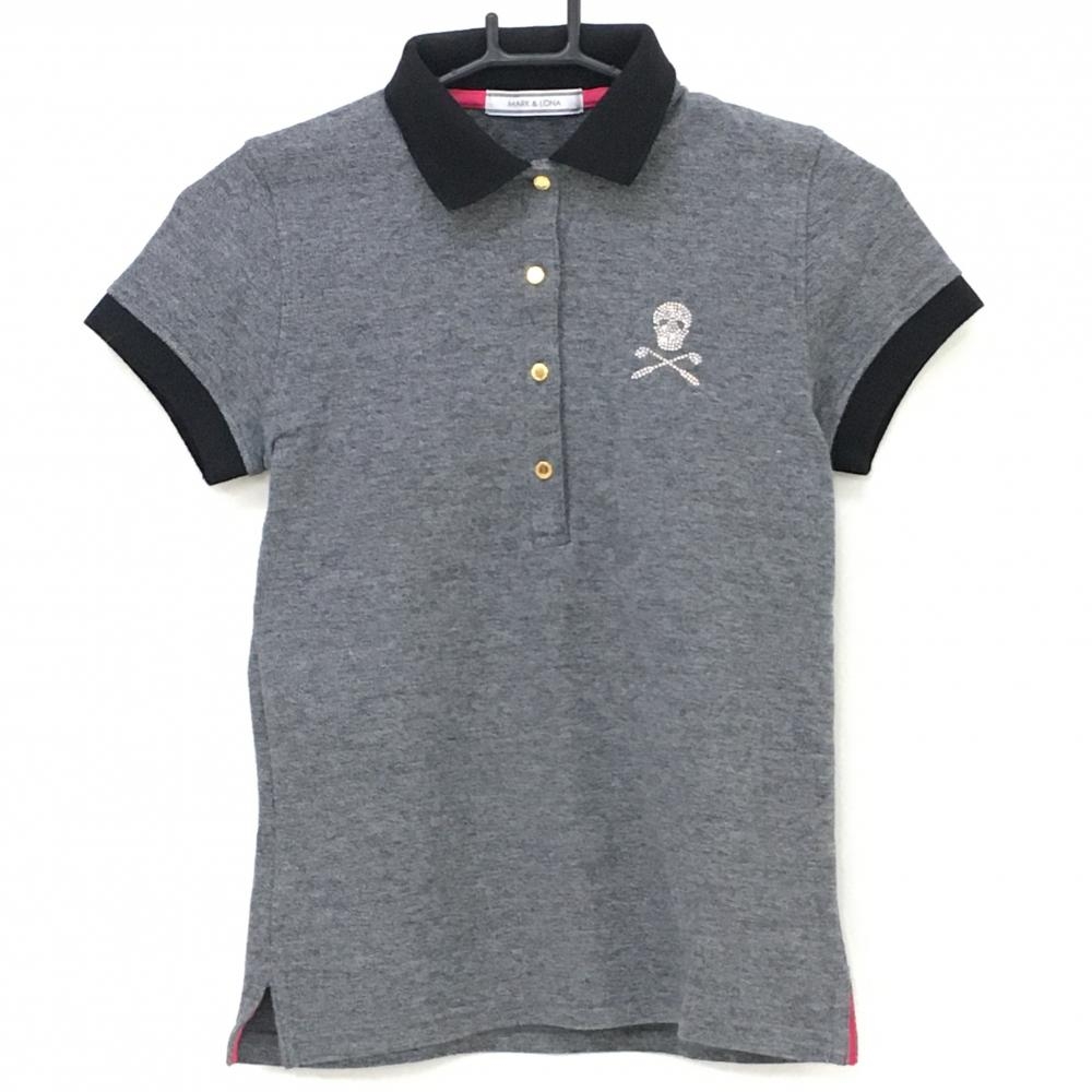 【超美品】マークアンドロナ 半袖ポロシャツ 杢黒 襟裏レオパード柄 ラインストーンスカル レディース XS ゴルフウェア MARK＆LONA