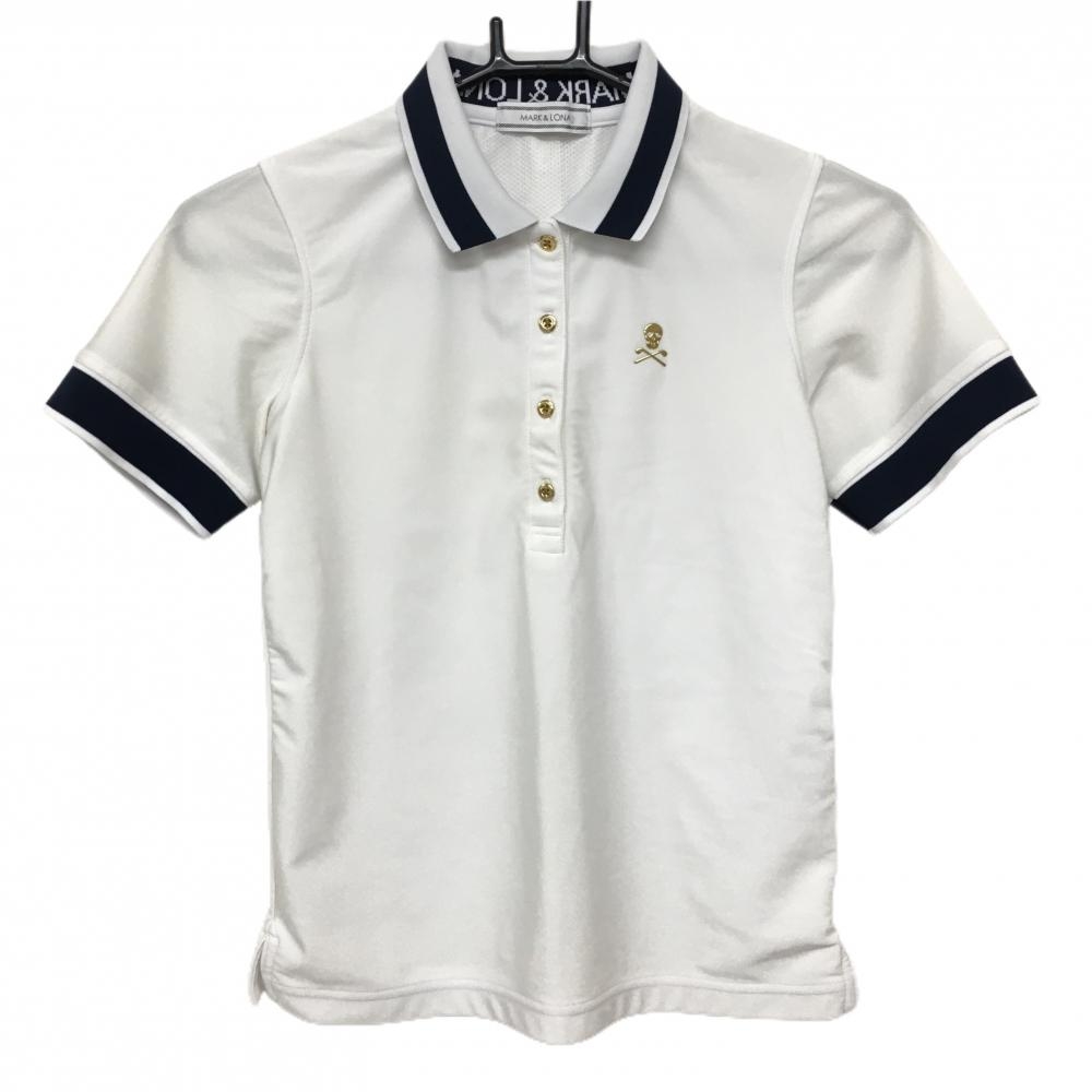【超美品】マークアンドロナ 半袖ポロシャツ 白×ネイビー 襟裏ロゴ 袖切替  レディース S ゴルフウェア MARK＆LONA