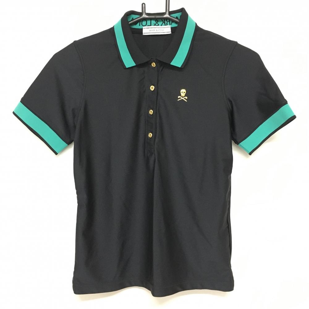 【超美品】マークアンドロナ 半袖ポロシャツ 黒×グリーン 襟裏ロゴ スカル レディース S ゴルフウェア MARK＆LONA