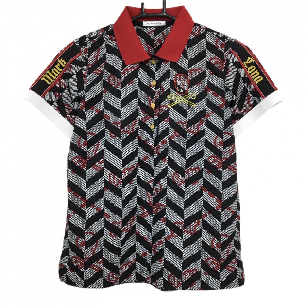 【超美品】マークアンドロナ 半袖ポロシャツ 黒×白×レッド ヘリンボーン スカル柄 レディース 38(M) ゴルフウェア MARK＆LONA