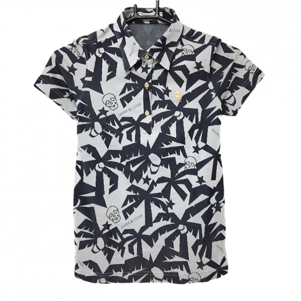 マークアンドロナ 半袖ポロシャツ ライトグレー×ネイビー 総柄 ヤシの木 立体ロゴ レディース S ゴルフウェア MARK＆LONA