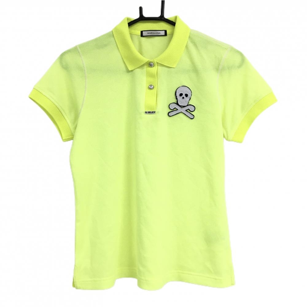 【美品】マークアンドロナ 半袖ポロシャツ 蛍光イエロー 襟・袖口ラメ ダメージ加工スカル  レディース 38(M) ゴルフウェア MARK＆LONA