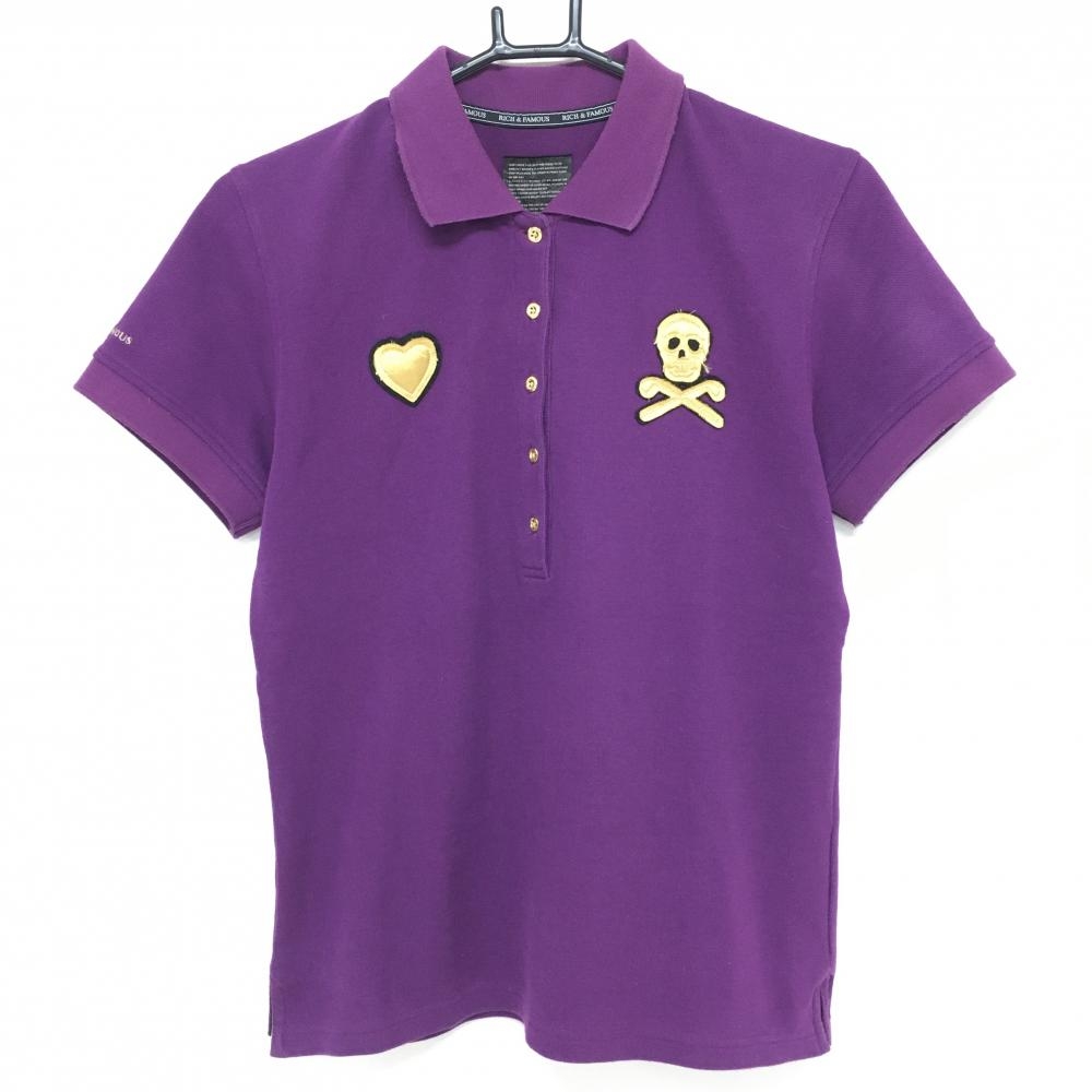 マークアンドロナ 半袖ポロシャツ パープル×ゴールド スカルワッペン  レディース M ゴルフウェア MARK＆LONA