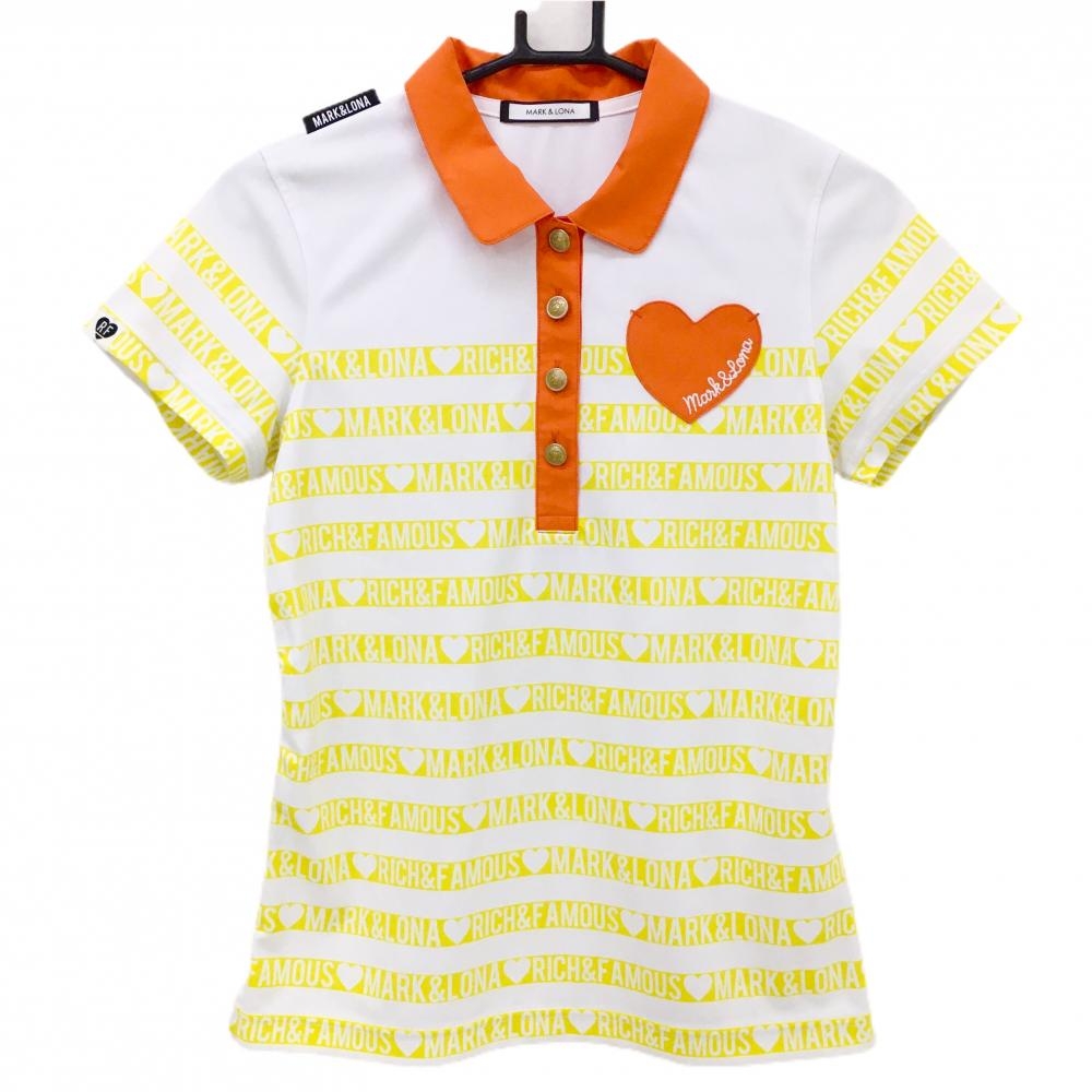 【超美品】マークアンドロナ 半袖ポロシャツ 白×イエロー ロゴボーダー ハート胸ポケット レディース 38(M) ゴルフウェア MARK＆LONA
