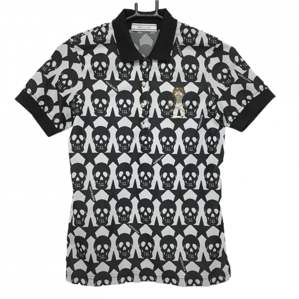 マークアンドロナ 半袖ポロシャツ 黒×グレー スカル柄 星柄 ラインストーン レディース M ゴルフウェア MARK＆LONA