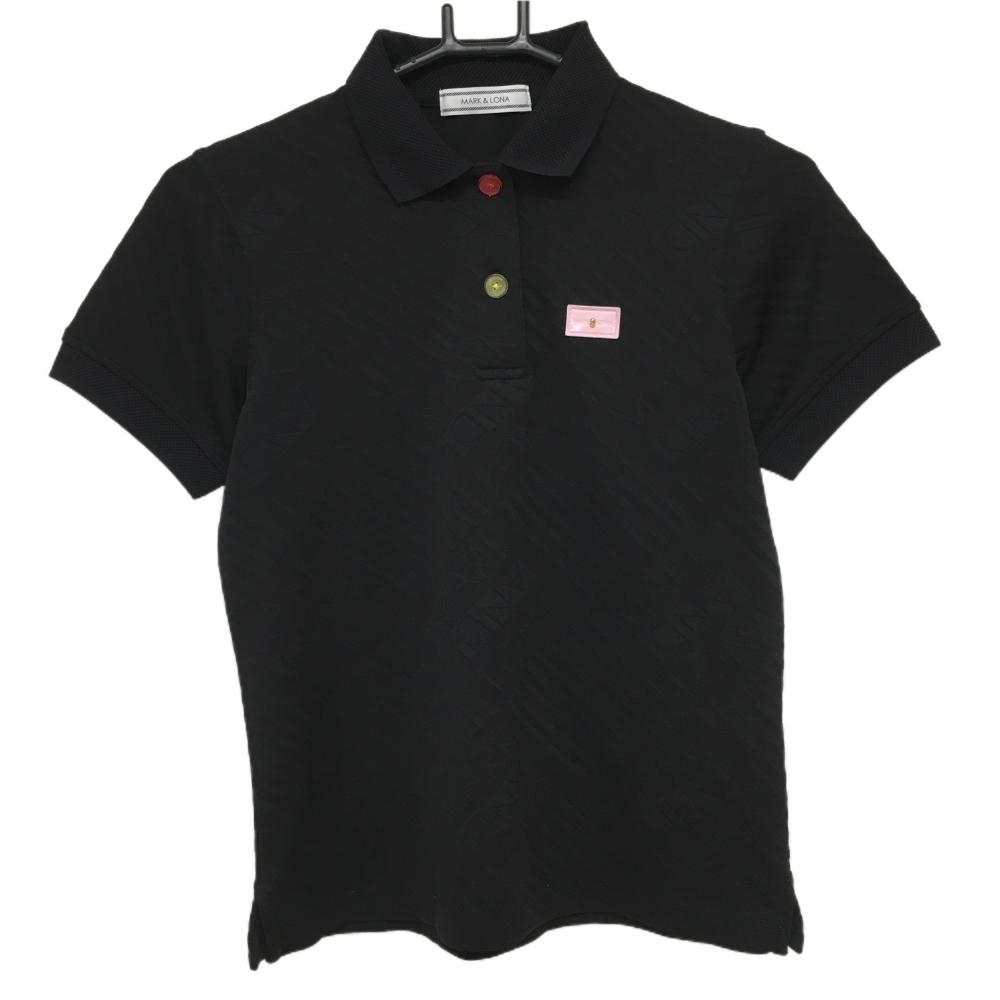 【美品】マークアンドロナ 半袖ポロシャツ 黒 ロゴ総柄地模様 スカル レディース S ゴルフウェア MARK＆LONA