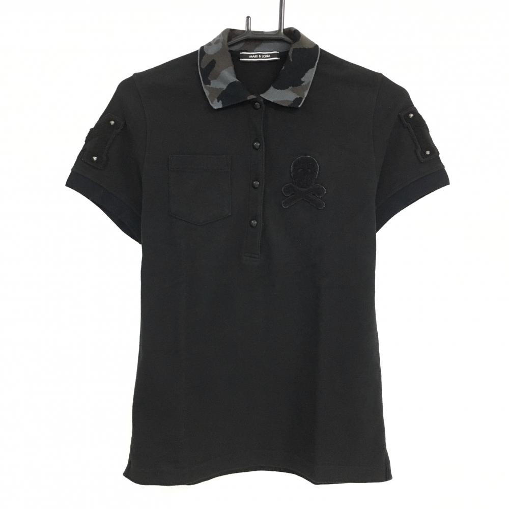 マークアンドロナ×Disney 半袖ポロシャツ 黒×グレー系  襟迷彩 後ろミッキー ラインストーン レディース M ゴルフウェア MARK＆LONA