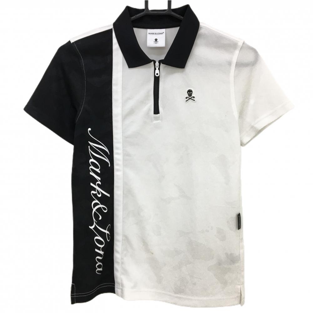 マークアンドロナ 半袖ポロシャツ 白×黒 ハーフジップ 地模様 サイドロゴ レディース 38(M) ゴルフウェア 2024年モデル MARK＆LONA