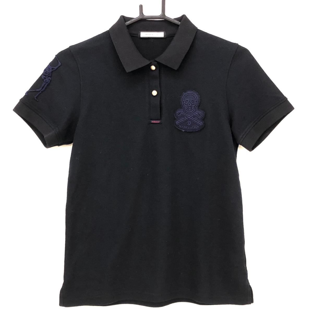 【超美品】マークアンドロナ 半袖ポロシャツ 黒 ワッペンネイビー 襟ロゴ スカル レディース 38(M) ゴルフウェア MARK＆LONA