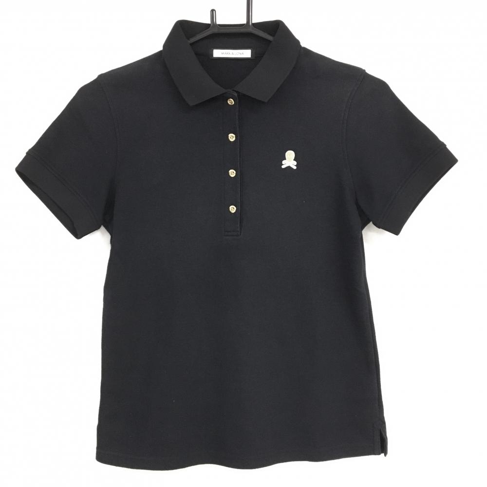 マークアンドロナ 半袖ポロシャツ 黒 スカルワッペン 襟裏ロゴ 肩・サイド色褪せ レディース 38(M) ゴルフウェア MARK＆LONA