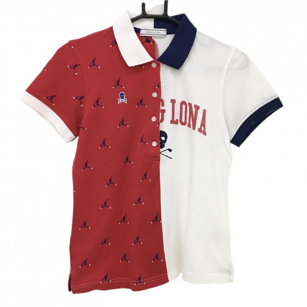 マークアンドロナ 半袖ポロシャツ 白×レッド 一部総柄 スカル レディース M ゴルフウェア MARK＆LONA