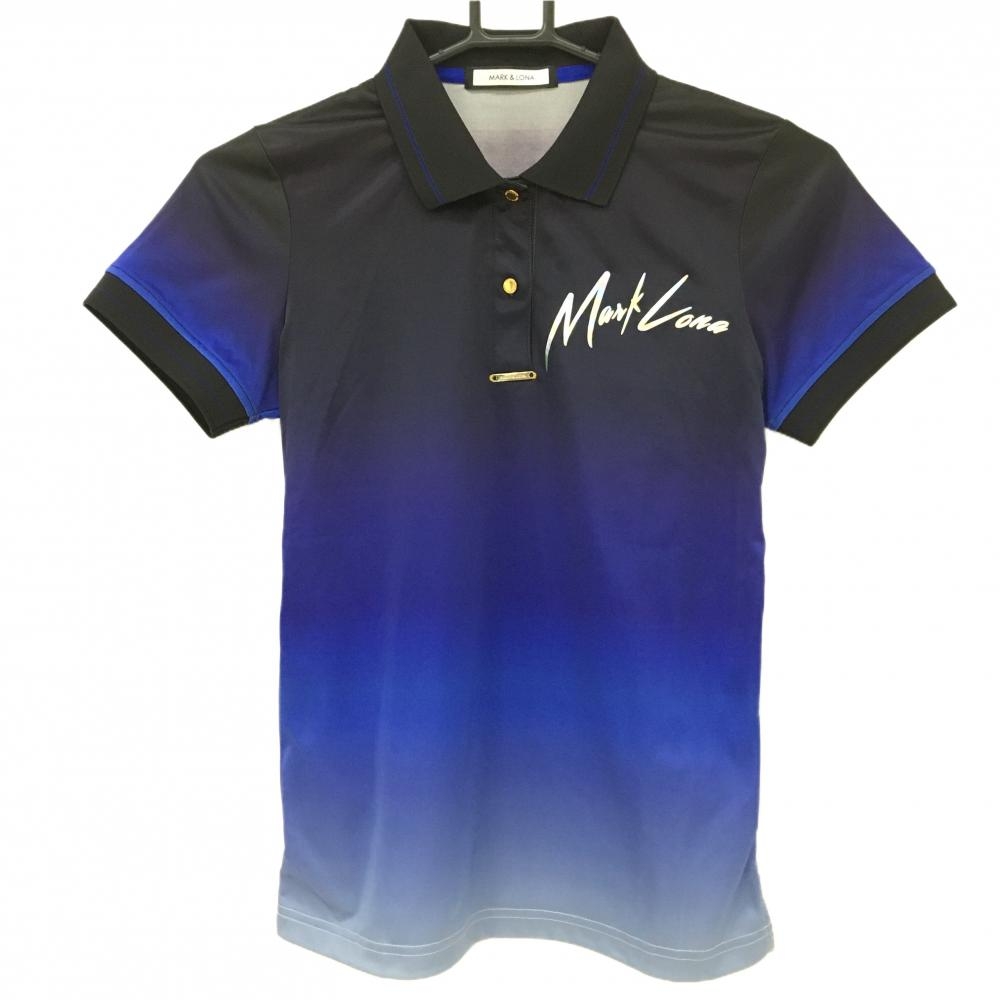 【超美品】マークアンドロナ 半袖ポロシャツ ネイビー グラデーション 背面ビッグプリント レディース 36(S) ゴルフウェア MARK＆LONA