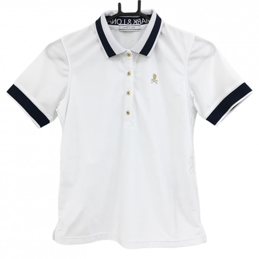 【美品】マークアンドロナ 半袖ポロシャツ 白×ネイビー スカル 後身頃裏地メッシュ レディース M ゴルフウェア MARK＆LONA