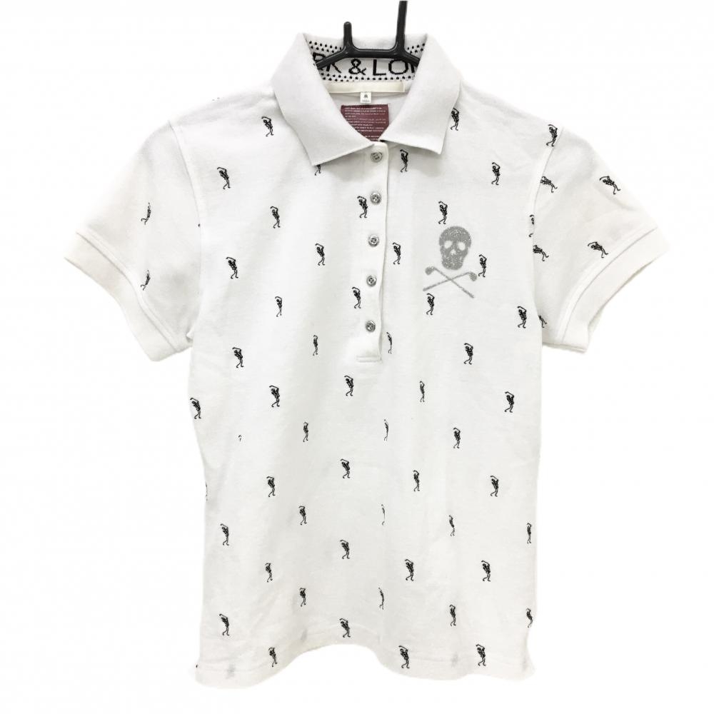 マークアンドロナ 半袖ポロシャツ 白×黒 ゴルファースカル総柄刺しゅう レディース M ゴルフウェア MARK＆LONA