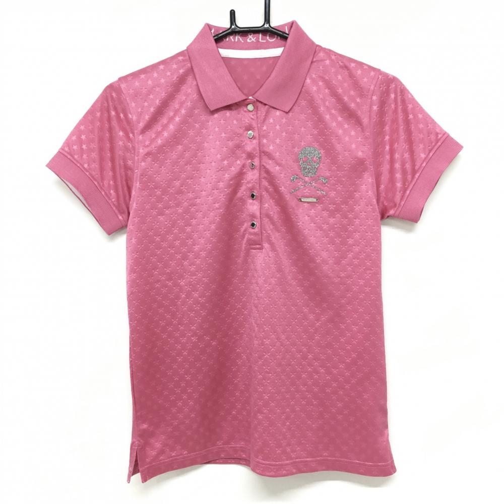 【超美品】マークアンドロナ 半袖ポロシャツ ピンク 星総柄織生地 スカル 襟ロゴ レディース M ゴルフウェア MARK＆LONA