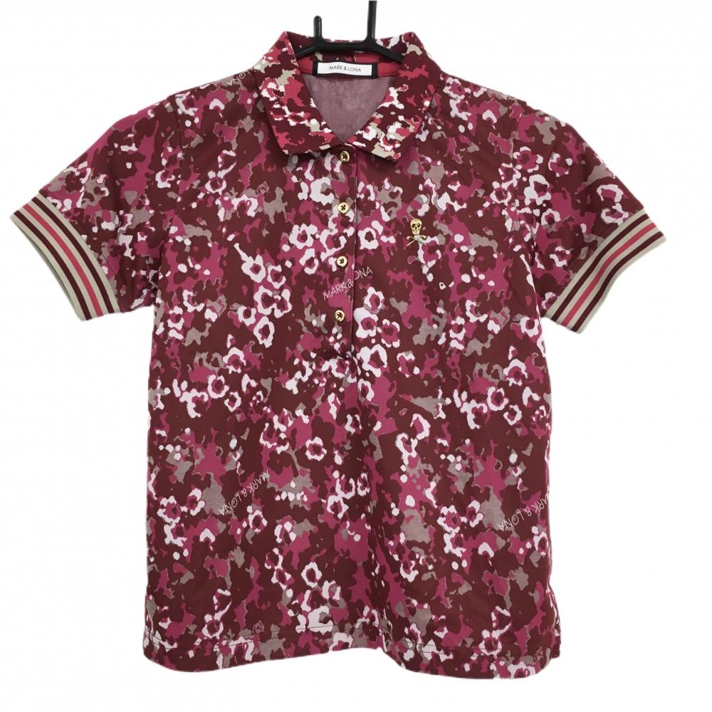 【超美品】マークアンドロナ 半袖ポロシャツ ボルドー×レッド 総柄 レディース 36(S) ゴルフウェア MARK＆LONA