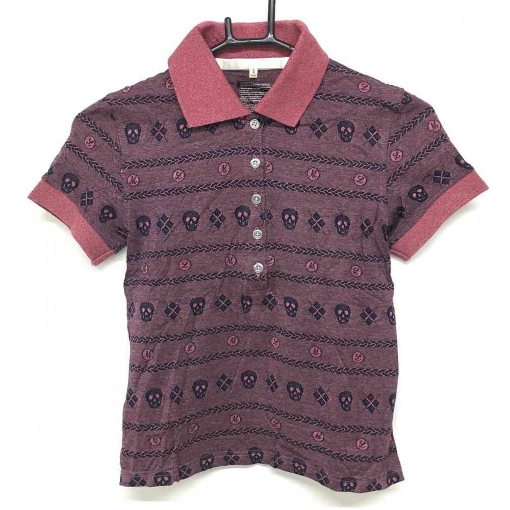 【超美品】マークアンドロナ 半袖ポロシャツ 杢レッド×ネイビー スカル・ボーダー レディース S ゴルフウェア MARK＆LONA