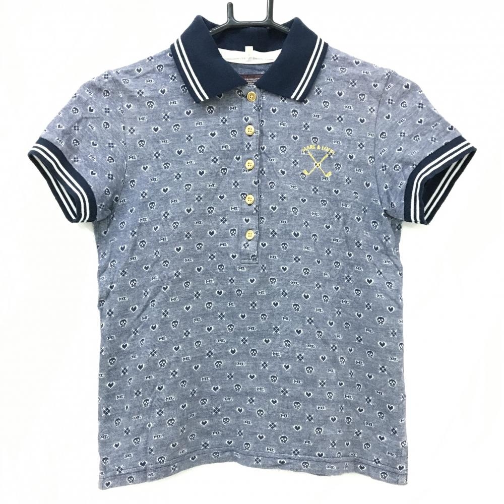【美品】マークアンドロナ 半袖ポロシャツ ネイビー×白 スカル・ハート総柄 ジャガード レディース S ゴルフウェア MARK＆LONA