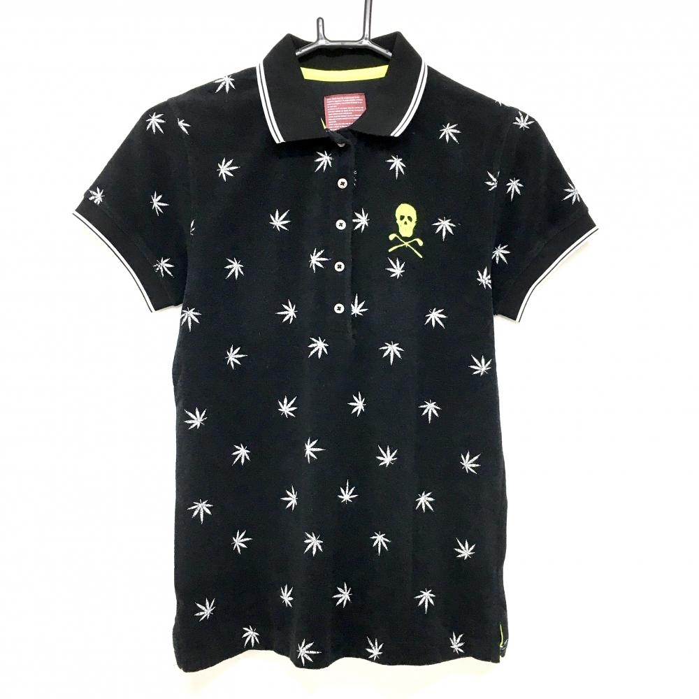 マークアンドロナ 半袖ポロシャツ 黒×白 リーフ柄 パイル地  レディース M ゴルフウェア MARK＆LONA