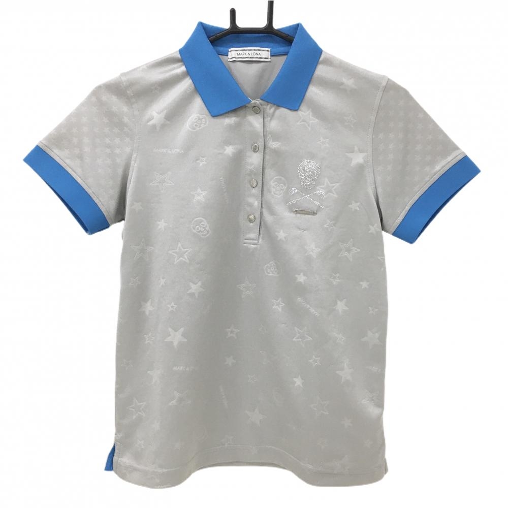 マークアンドロナ 半袖ポロシャツ グレー系 総柄地模様 襟・袖口ライトブルー レディース サイズ表記なし ゴルフウェア MARK＆LONA