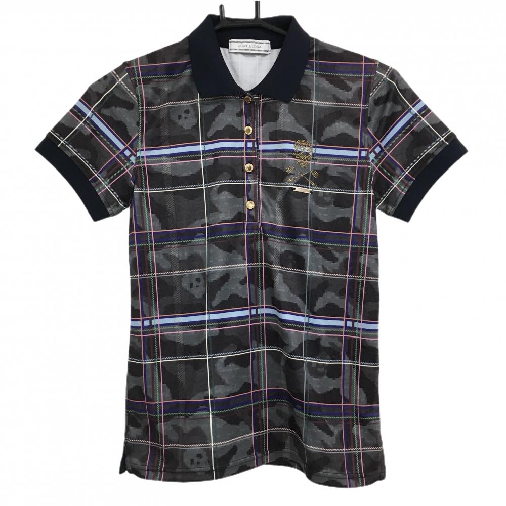 【美品】マークアンドロナ 半袖ポロシャツ ダークグレー系×グレー系 カモフラ調 迷彩 チェック レディース S ゴルフウェア MARK＆LONA