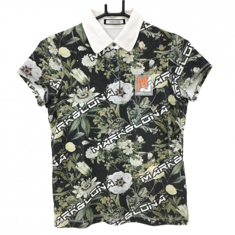 マークアンドロナ 半袖ポロシャツ ダークグリーン系×グリーン系 総柄 ボタニカル パイル地調 レディース 38(M) ゴルフウェア MARK＆LONA