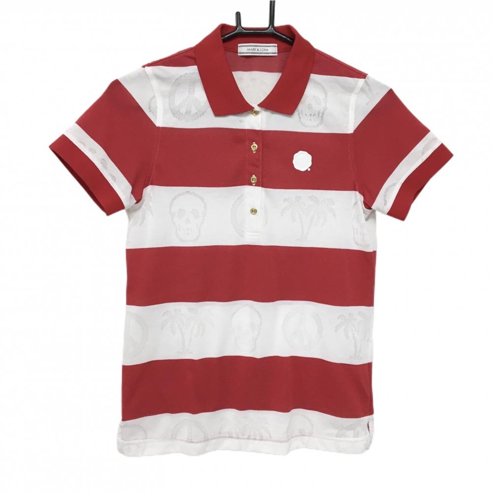 【超美品】マークアンドロナ 半袖ポロシャツ レッド×白 ボーダー スカル レディース M ゴルフウェア MARK＆LONA