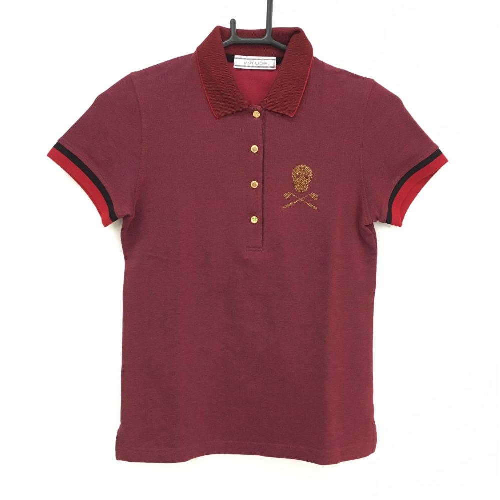 【美品】マークアンドロナ 半袖ポロシャツ ボルドー×黒 ラインストーンスカル 襟裏ロゴ レディース XS ゴルフウェア MARK＆LONA