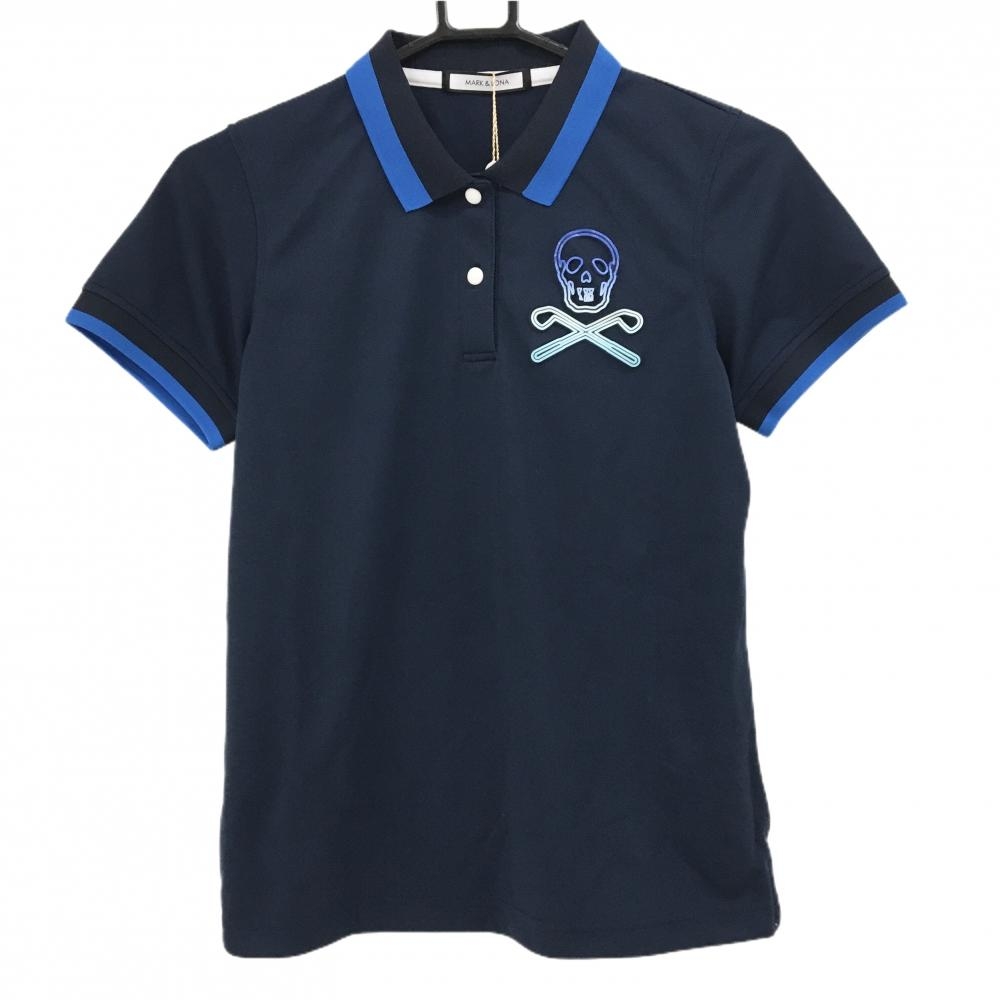 【新品】マークアンドロナ 半袖ポロシャツ ネイビー×ブルー スカル 立体ロゴ  レディース 38(M) ゴルフウェア MARK＆LONA