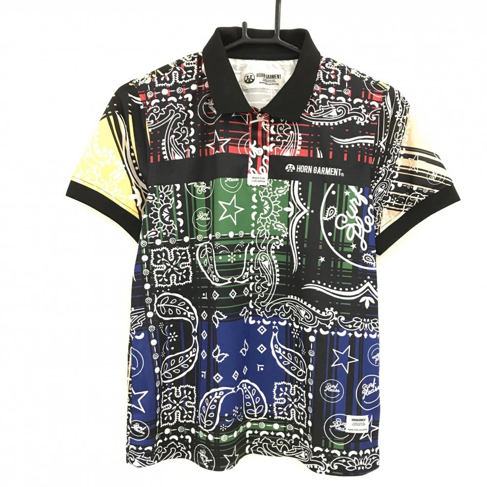 【美品】ホーンガーメント 半袖ポロシャツ 黒×マルチカラー 総柄   レディース 40(L) ゴルフウェア 2023年モデル MARK＆LONA