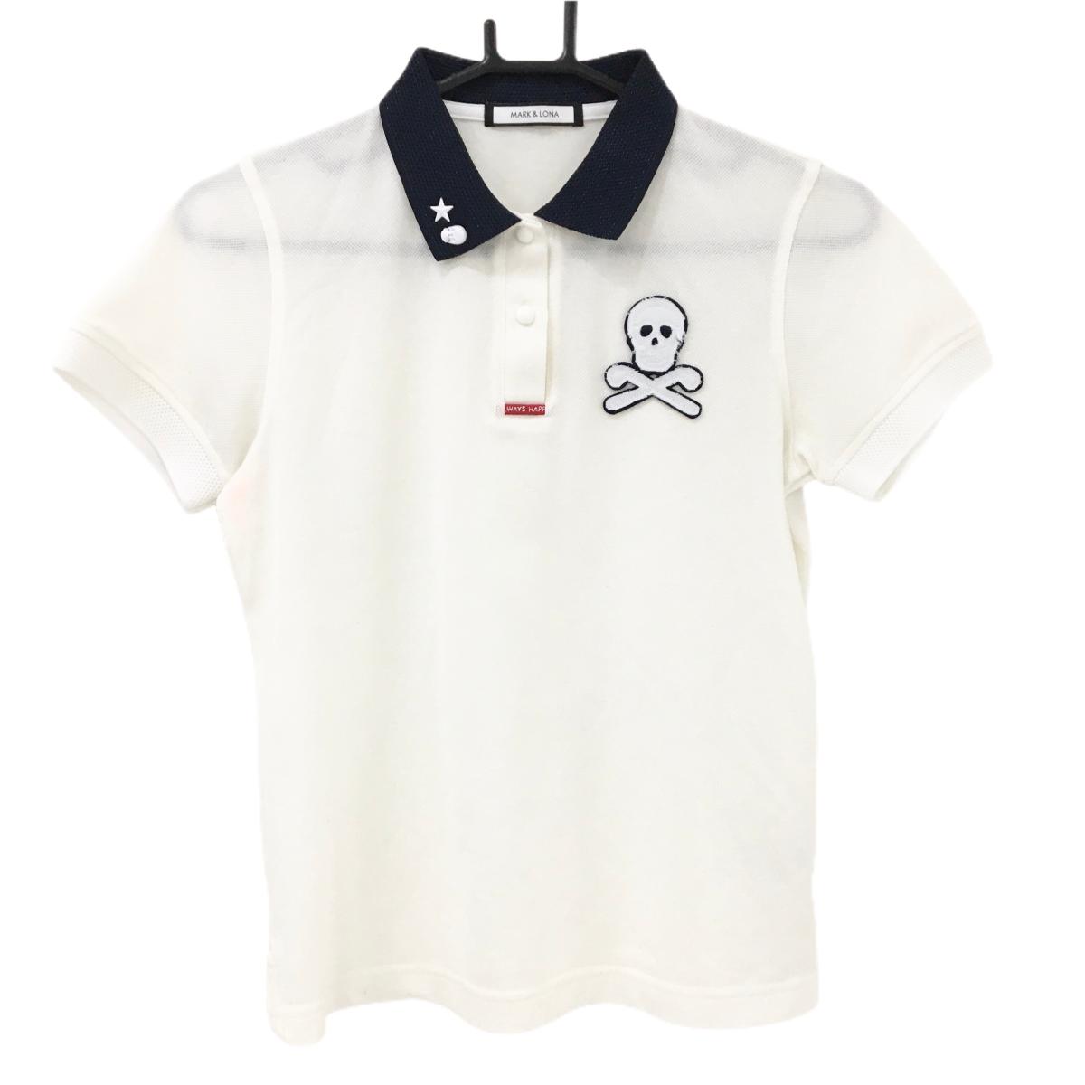 【美品】マークアンドロナ 半袖ポロシャツ 白×ネイビー スカル 襟ラメ レディース 38(M) ゴルフウェア MARK＆LONA