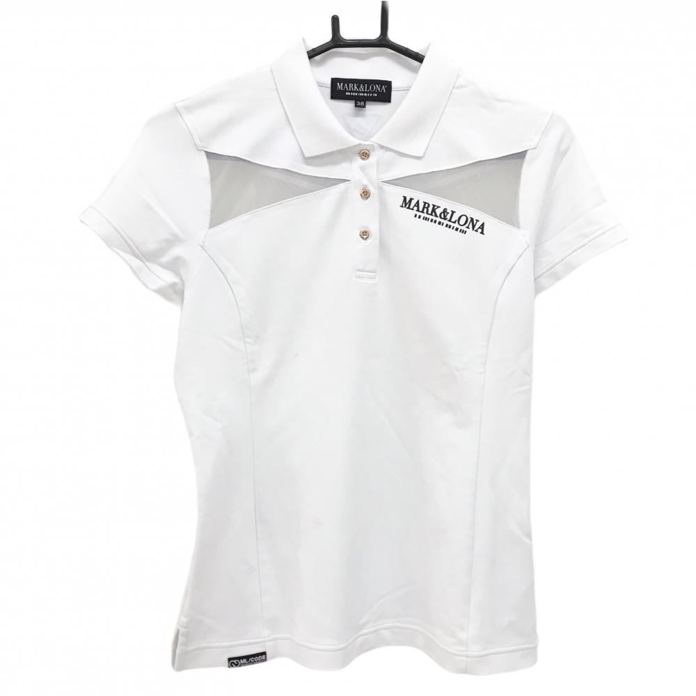 【美品】マークアンドロナ 半袖ポロシャツ 白 一部シアー素材 バックロゴ  レディース 38(M) ゴルフウェア MARK＆LONA