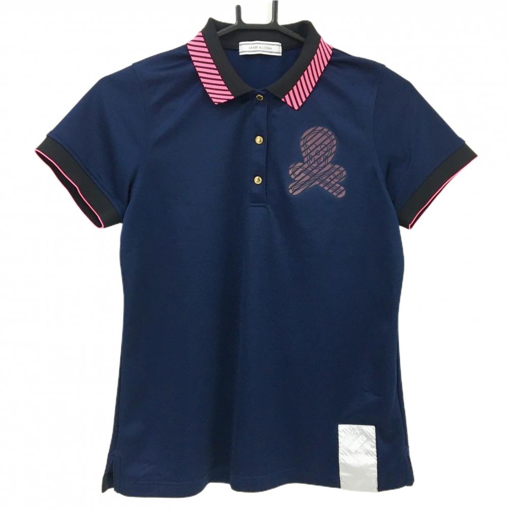 マークアンドロナ 半袖ポロシャツ ネイビー×蛍光ピンク スカル 襟ライン レディース M ゴルフウェア MARK＆LONA