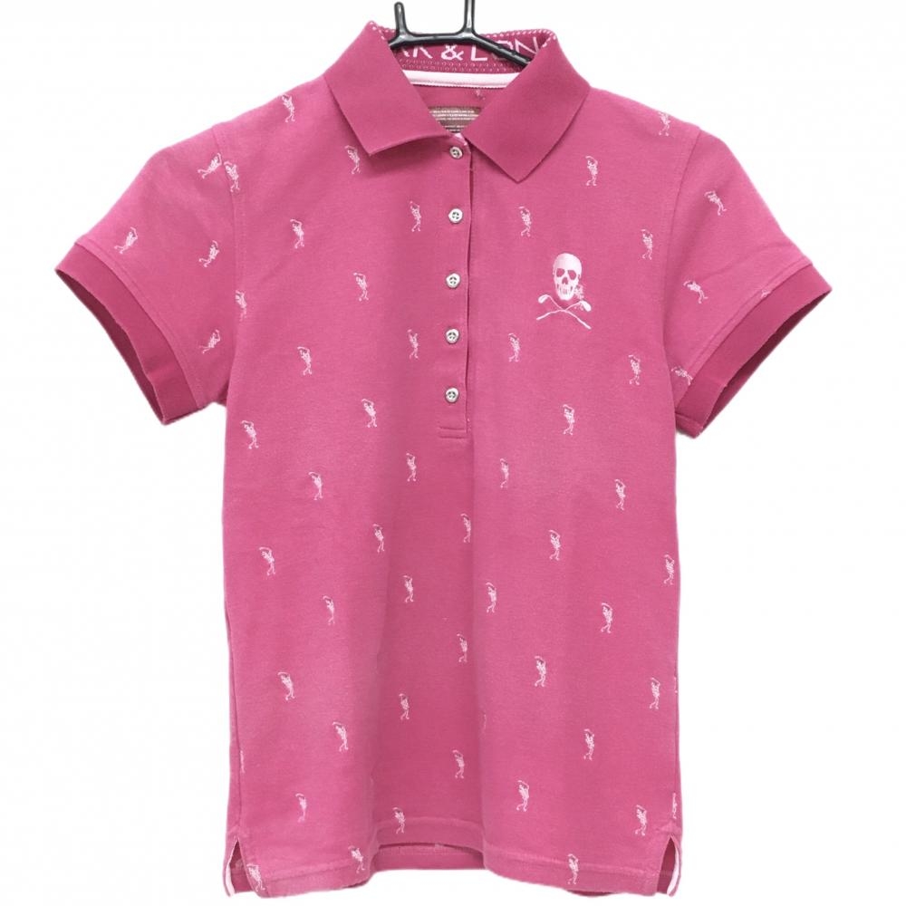 マークアンドロナ 半袖ポロシャツ ピンク×白 スカル総柄 レディース M ゴルフウェア MARK＆LONA