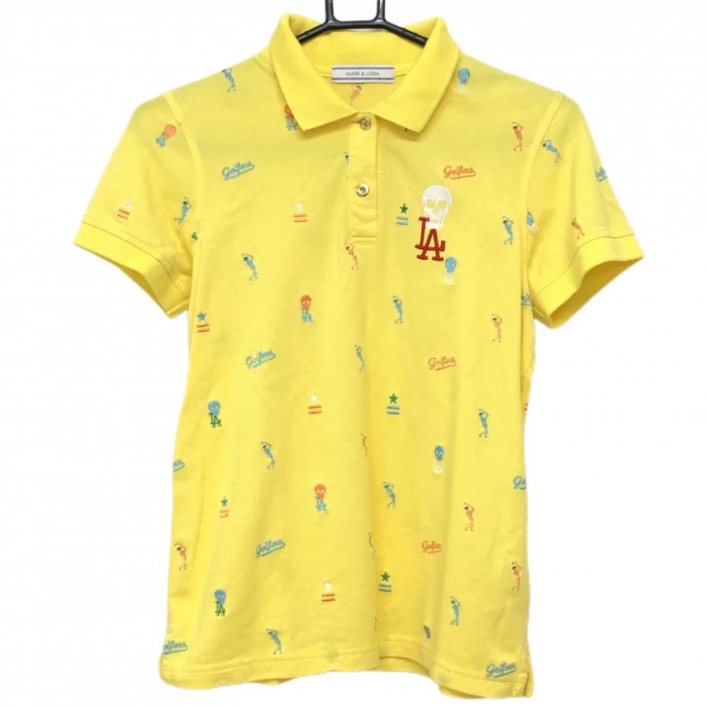 【美品】マークアンドロナ 半袖ポロシャツ イエロー×ライトブルー 刺しゅう総柄 襟裏プリント レディース M ゴルフウェア MARK＆LONA