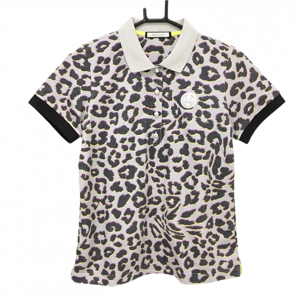 【超美品】マークアンドロナ 半袖ポロシャツ ライトグレー×杢ダークグレー系×パープル レディース 38(M) ゴルフウェア MARK＆LONA